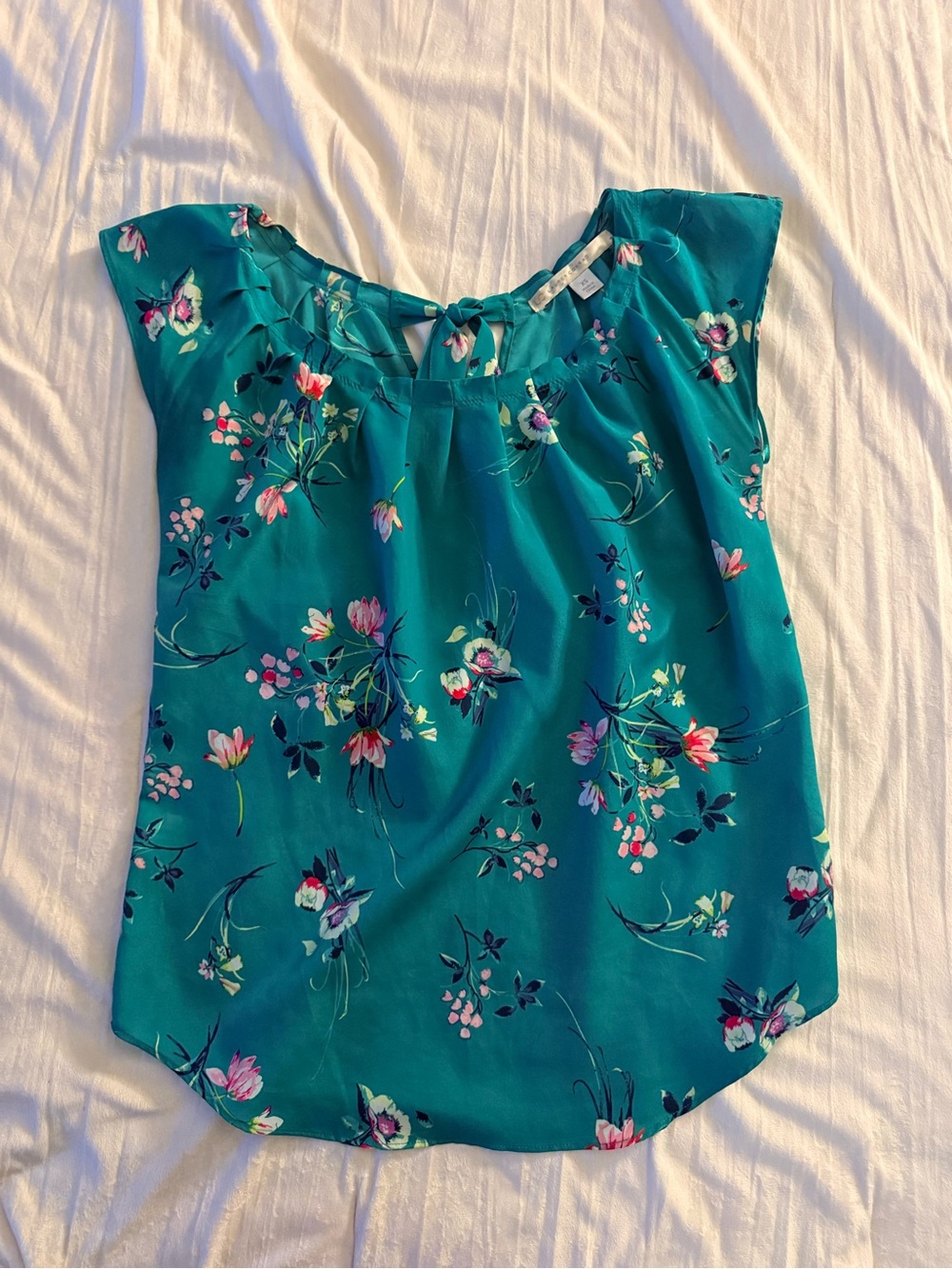LC Lauren Conrad Teal Floral Cap-Sleeve Blouse